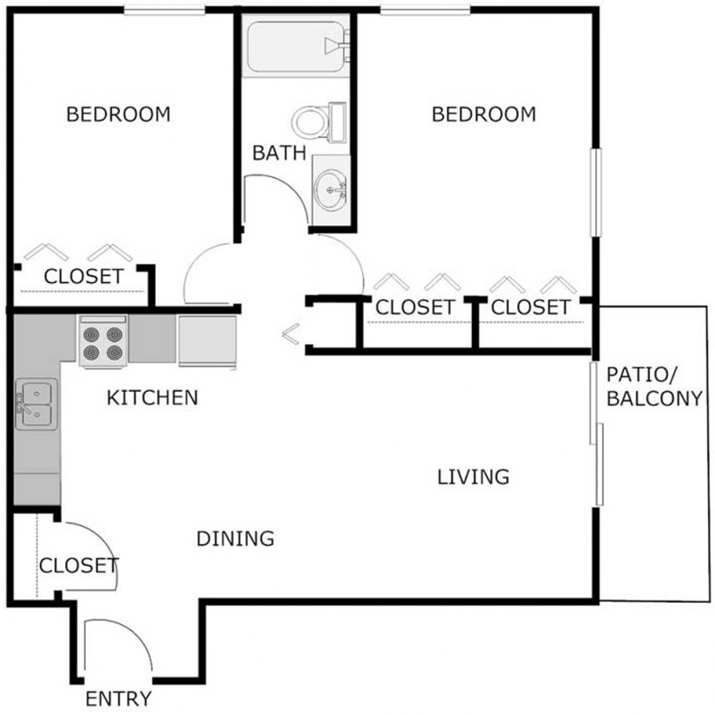 2-Bedroom 1-Bath Floor Plan 930 SF