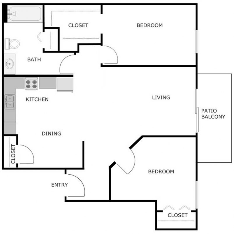 2-Bedroom 1-Bath Floor Plan 962 SF
