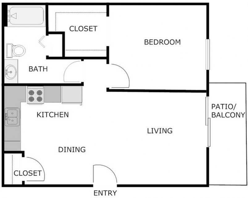 1-Bedroom 1-Bath Floor Plan 840 SF