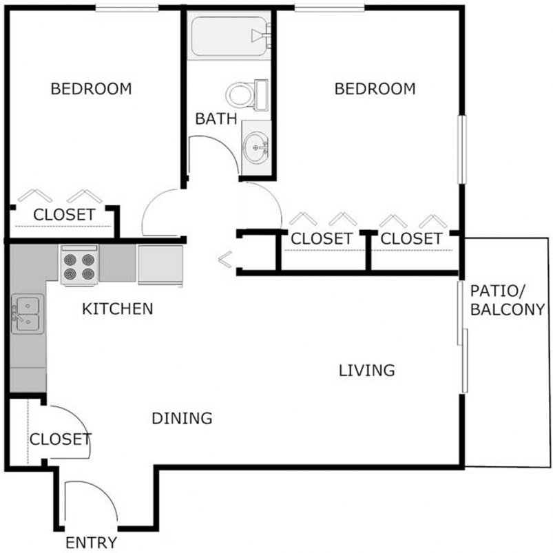 2-Bedroom 1-Bathroom Floor Plan 930 SF