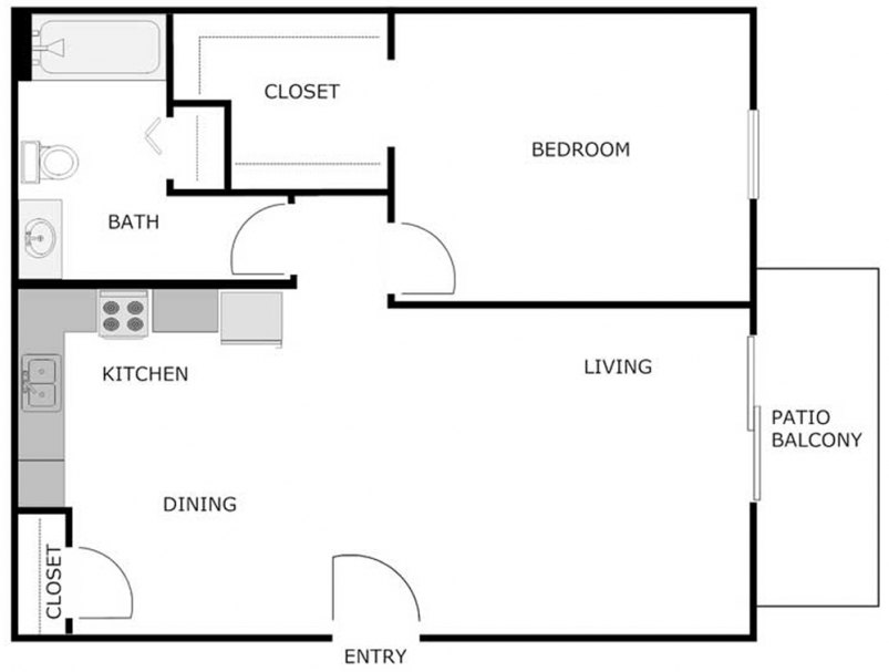 1 Bedroom 1 Bath Floor Plan 840 SF