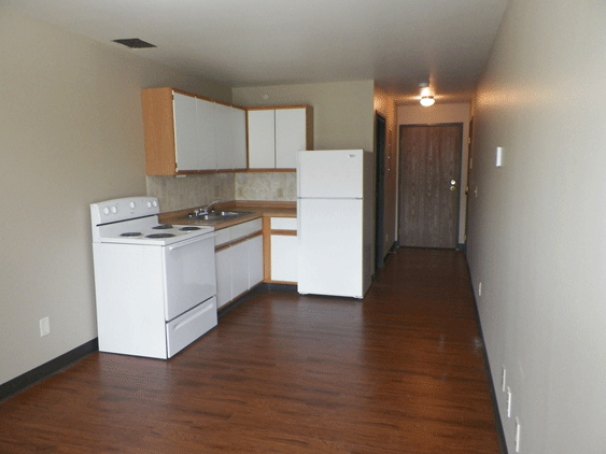 Kitchen & Hallway from Living / Sleeping area