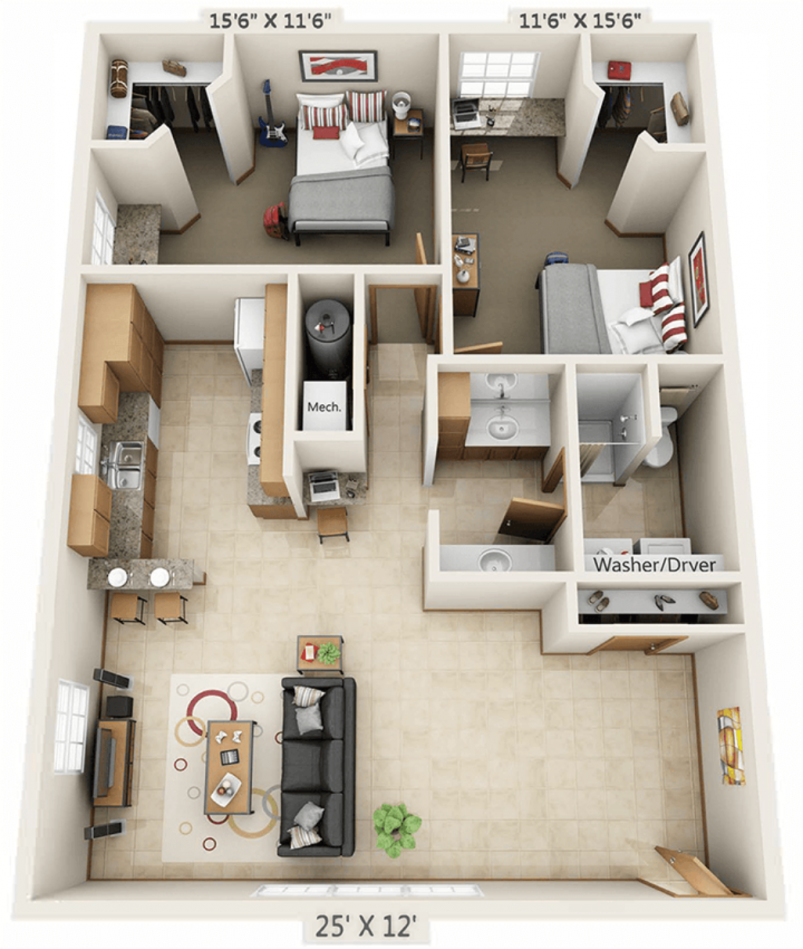 2-Bedroom Floor Plan 3D