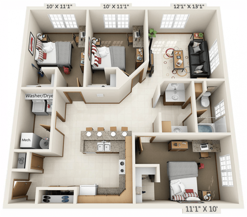 3-Bedroom Floor Plan 3D 3-Bedroom Floor Plan 3D