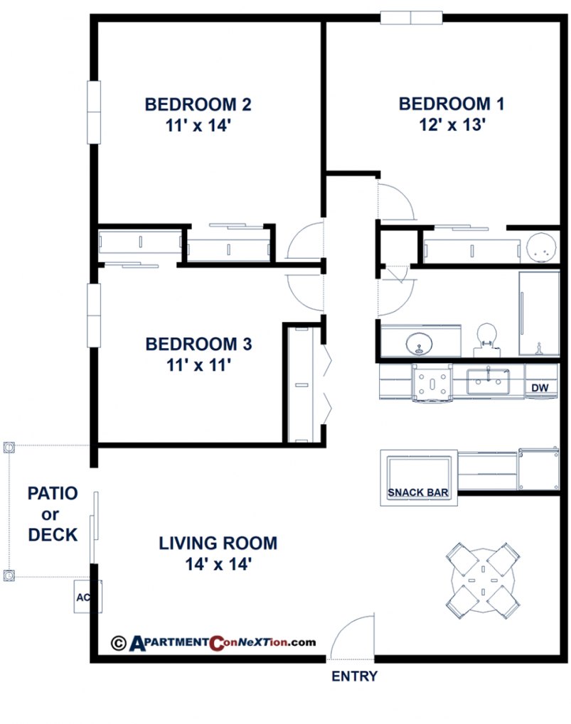 3-Bedroom Floor Plan | Living Room on Left