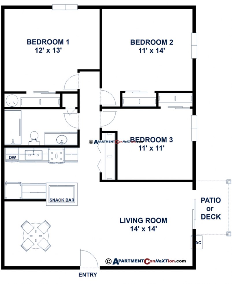 3-Bedroom Floor Plan | Living Room on Right